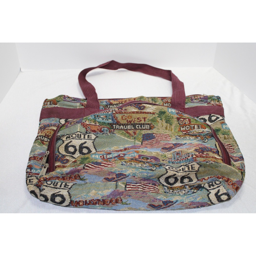 Bovano USA Route 66 Woven Tapestry Tote Bag Americana Travel Shoulder Bag